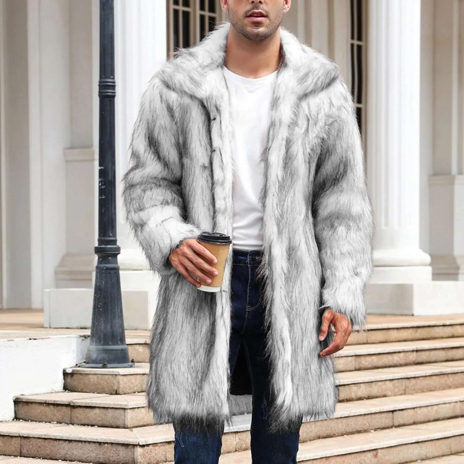 Men's Warm Thick Coat Jacket Faux Fur Fluffy Outwear Cardigan Winter Long Sleeve Overcoat Jacket Long Trench Coats