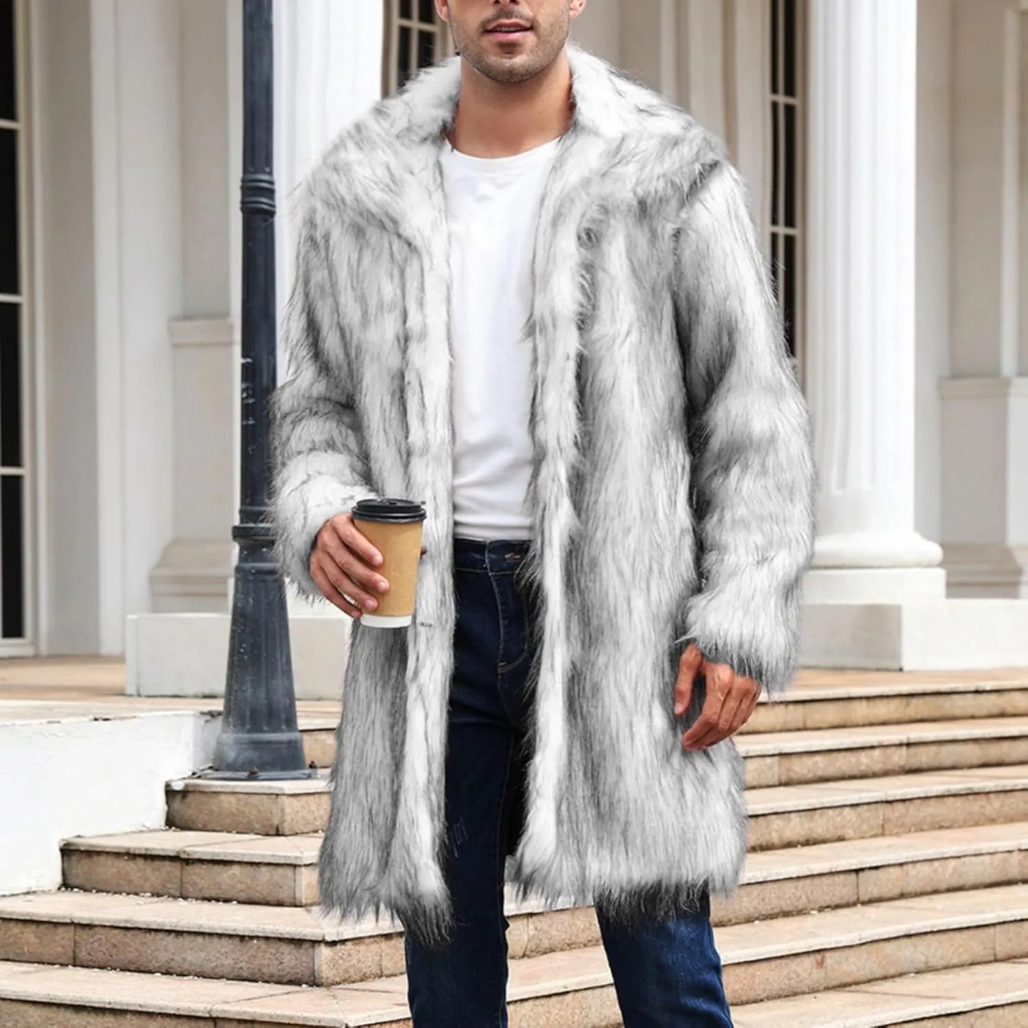 Men's Warm Thick Coat Jacket Faux Fur Fluffy Outwear Cardigan Winter Long Sleeve Overcoat Jacket Long Trench Coats