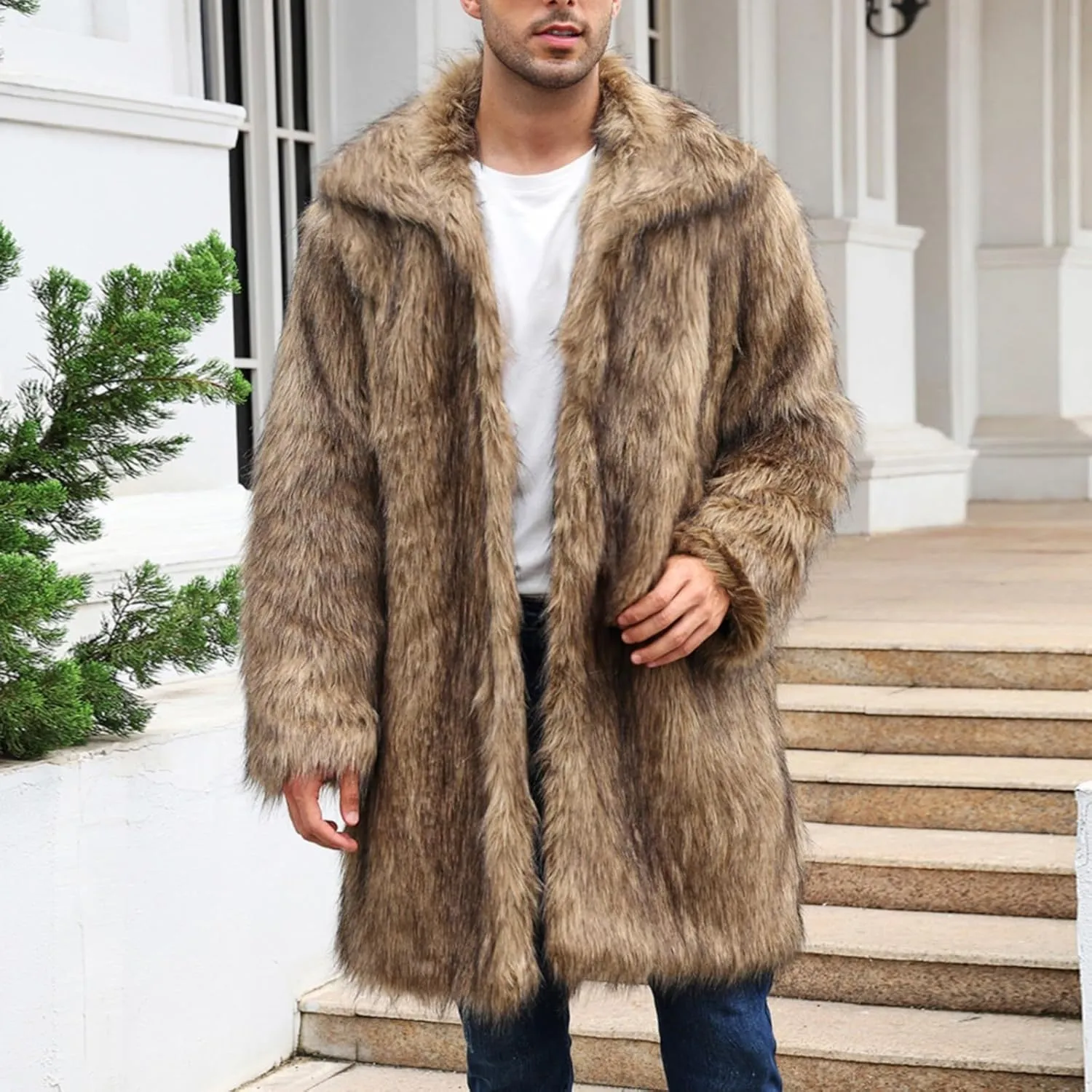 Men's Warm Thick Coat Jacket Faux Fur Fluffy Outwear Cardigan Winter Long Sleeve Overcoat Jacket Long Trench Coats