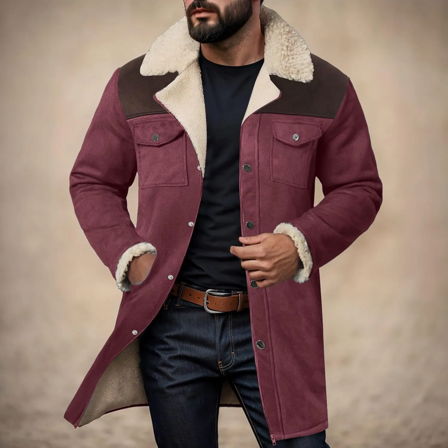 Mens Western Cowboy Jacket Distressed Suede Long Trench Coats Zip Up Sherpa Collar Faux Leather Outdoor Jacket