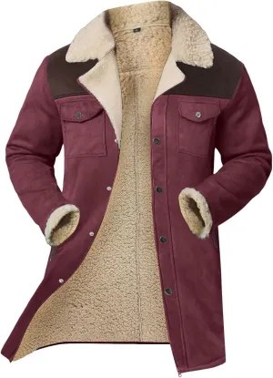 Mens Western Cowboy Jacket Distressed Suede Long Trench Coats Zip Up Sherpa Collar Faux Leather Outdoor Jacket