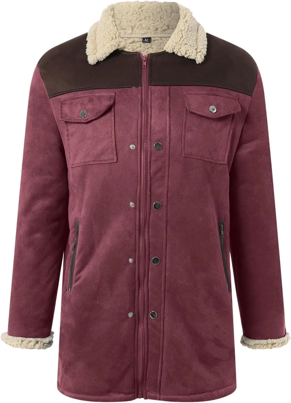 Mens Western Cowboy Jacket Distressed Suede Long Trench Coats Zip Up Sherpa Collar Faux Leather Outdoor Jacket