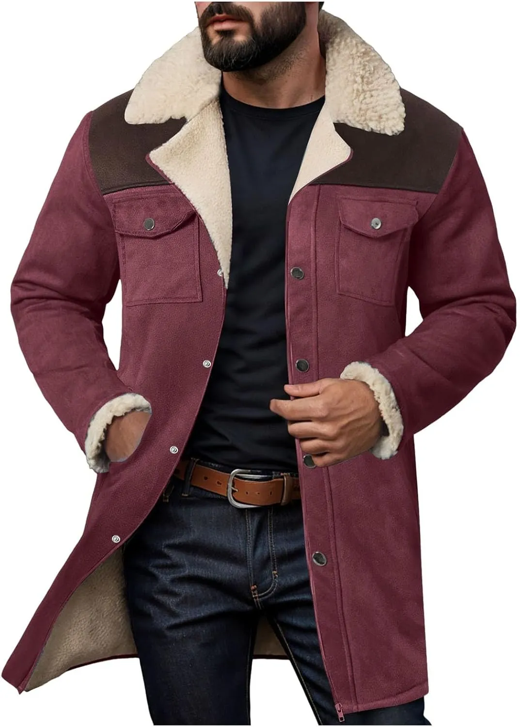 Mens Western Cowboy Jacket Distressed Suede Long Trench Coats Zip Up Sherpa Collar Faux Leather Outdoor Jacket