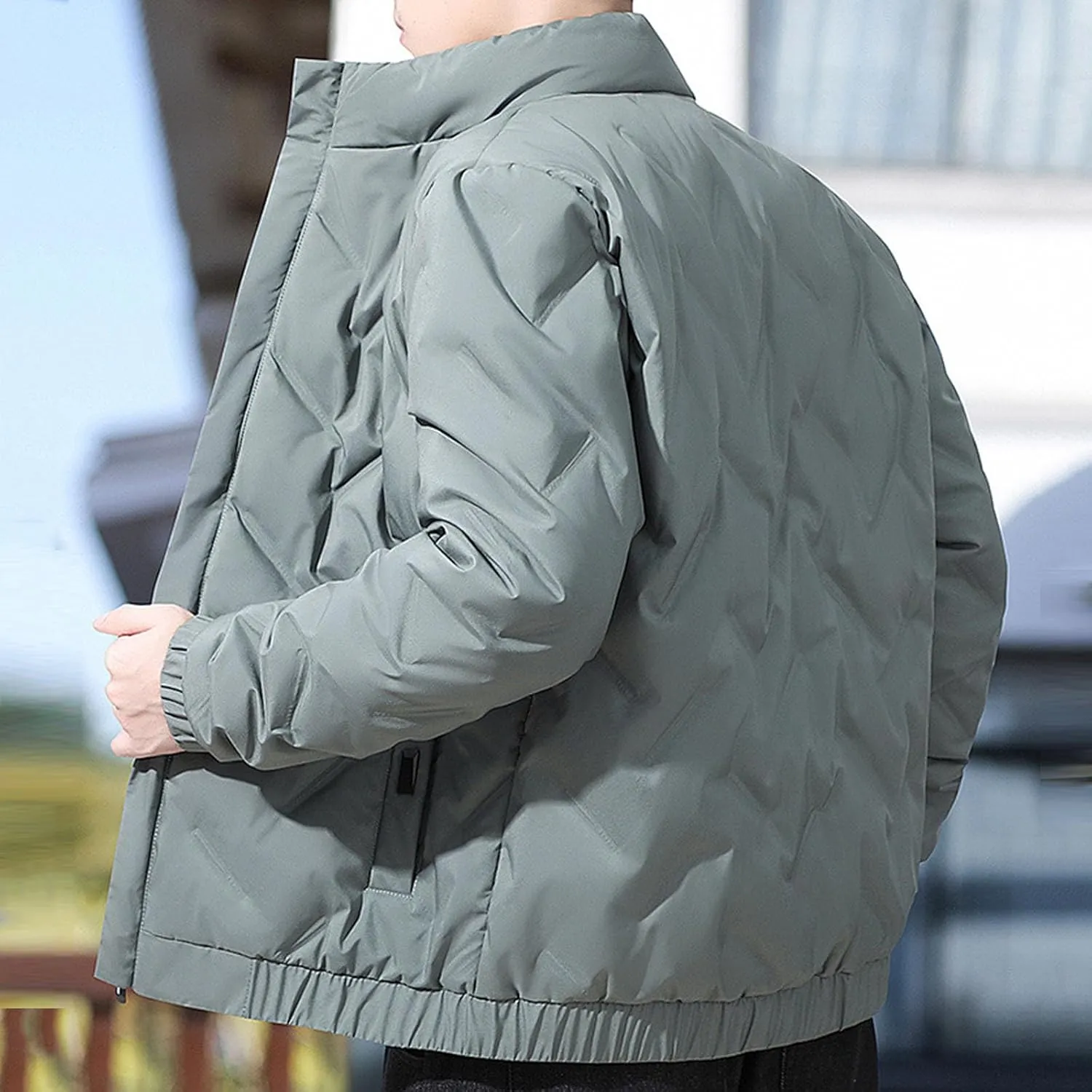 Mens Winter Down Coats Stand Collar Puffer Jacket Cotton Padded Waterproof Outerwear with Pockets