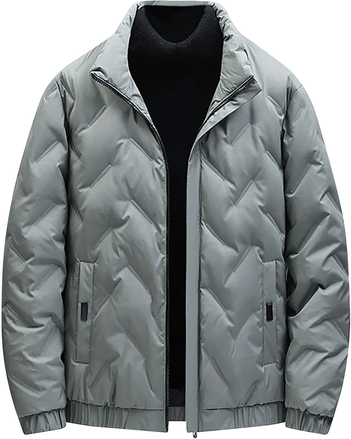 Mens Winter Down Coats Stand Collar Puffer Jacket Cotton Padded Waterproof Outerwear with Pockets