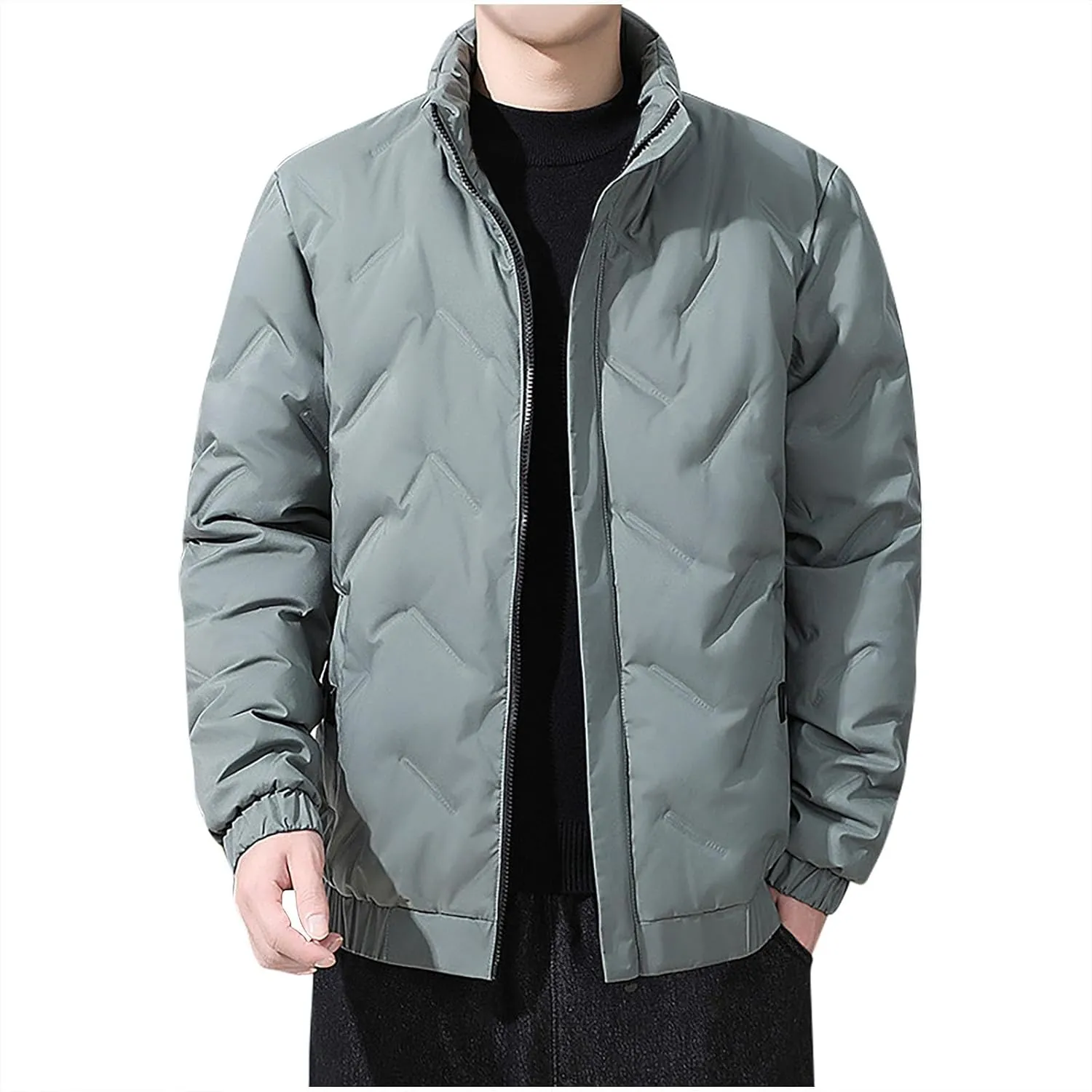 Mens Winter Down Coats Stand Collar Puffer Jacket Cotton Padded Waterproof Outerwear with Pockets