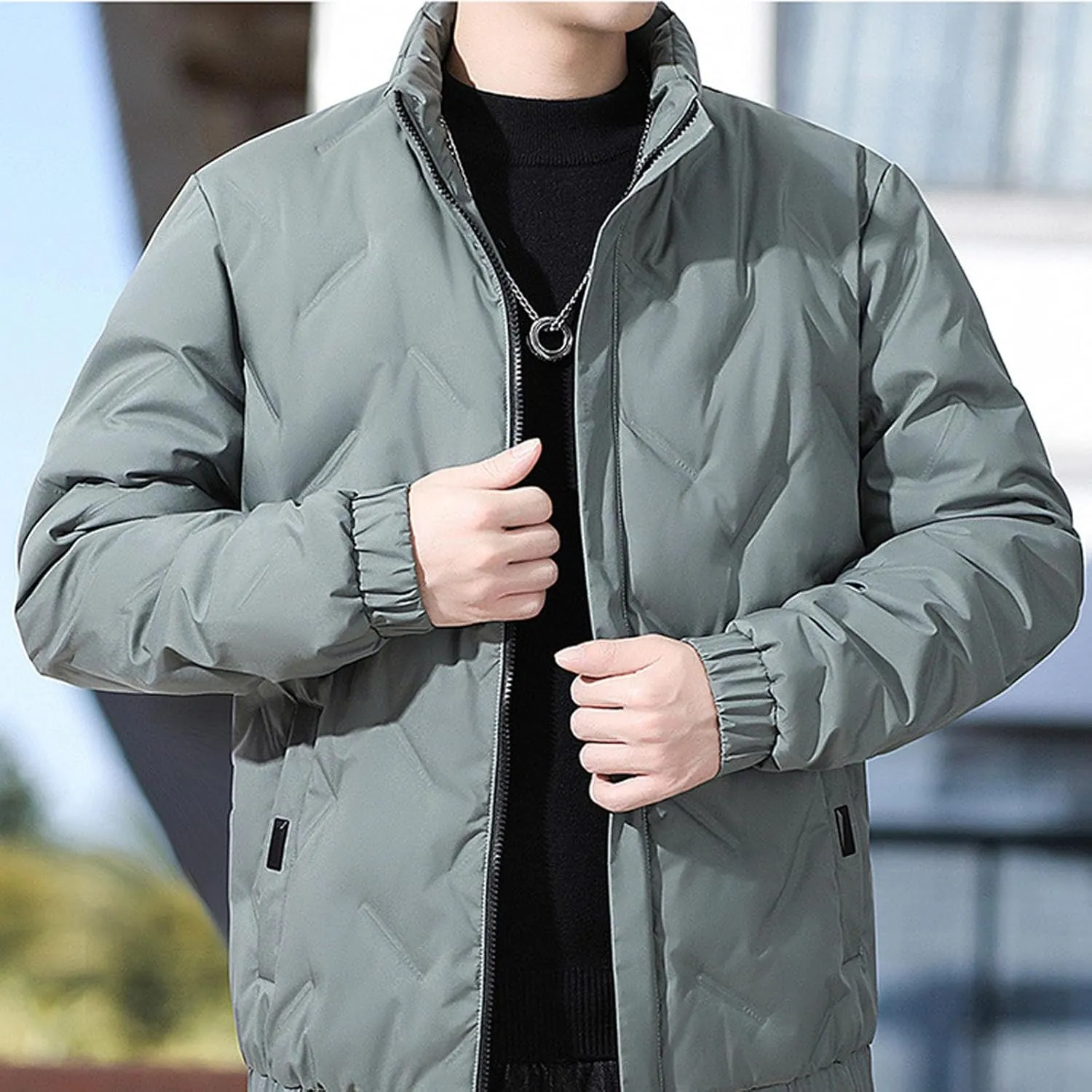 Mens Winter Down Coats Stand Collar Puffer Jacket Cotton Padded Waterproof Outerwear with Pockets