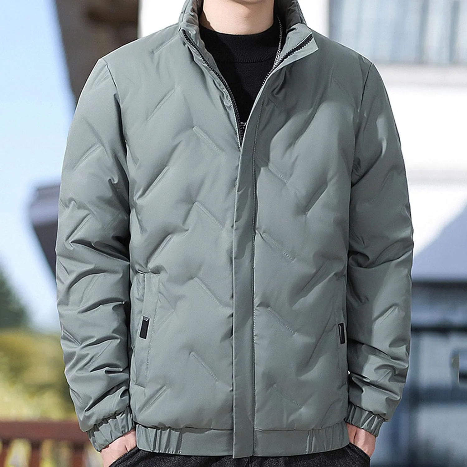 Mens Winter Down Coats Stand Collar Puffer Jacket Cotton Padded Waterproof Outerwear with Pockets