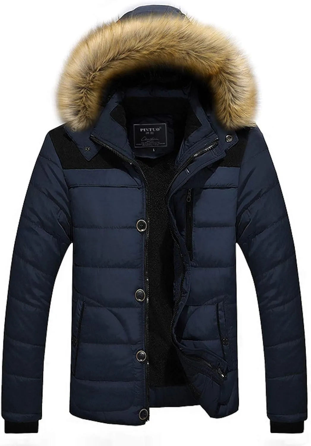 Mens Winter Jacket Faux Fur Hood Windbreaker Cotton Padded Thicken Coat