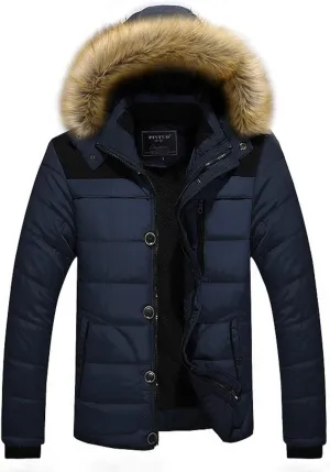 Mens Winter Jacket Faux Fur Hood Windbreaker Cotton Padded Thicken Coat