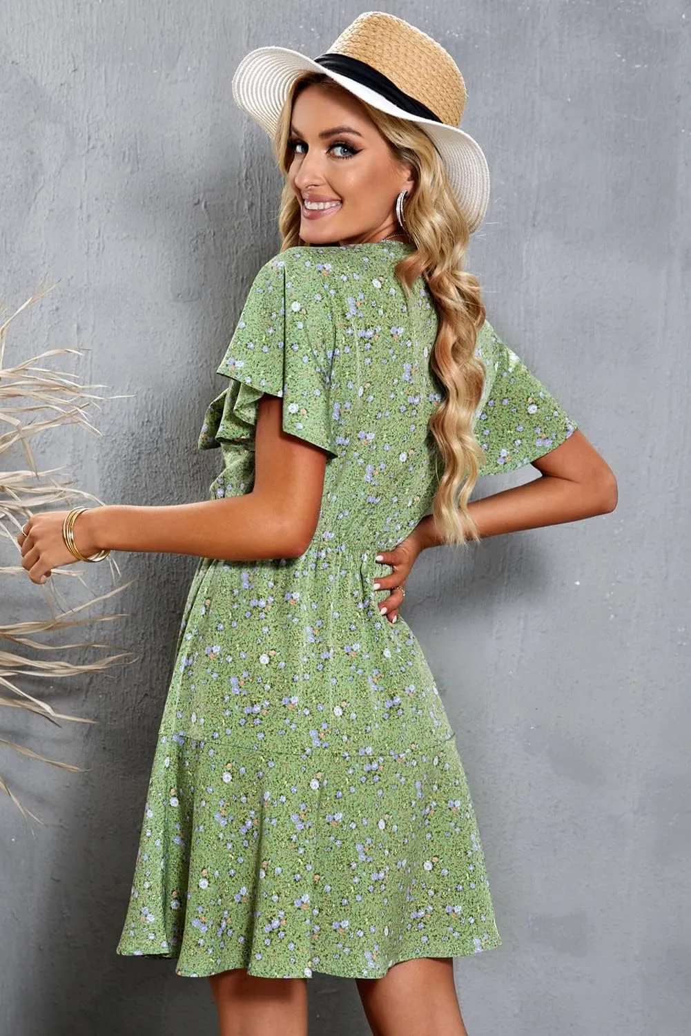Meufam Women's Summer Wrap V Neck Polka Dot Print Ruffle Short Sleeve Mini Floral Dress with Belt