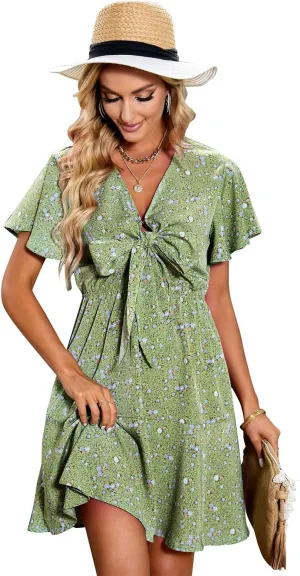 Meufam Women's Summer Wrap V Neck Polka Dot Print Ruffle Short Sleeve Mini Floral Dress with Belt