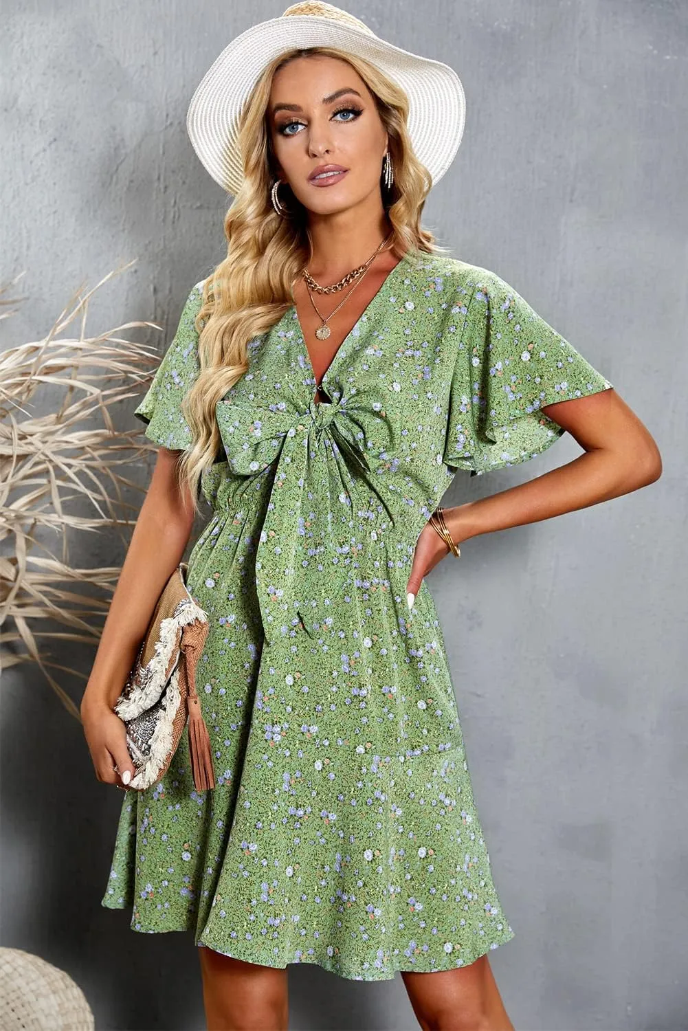 Meufam Women's Summer Wrap V Neck Polka Dot Print Ruffle Short Sleeve Mini Floral Dress with Belt