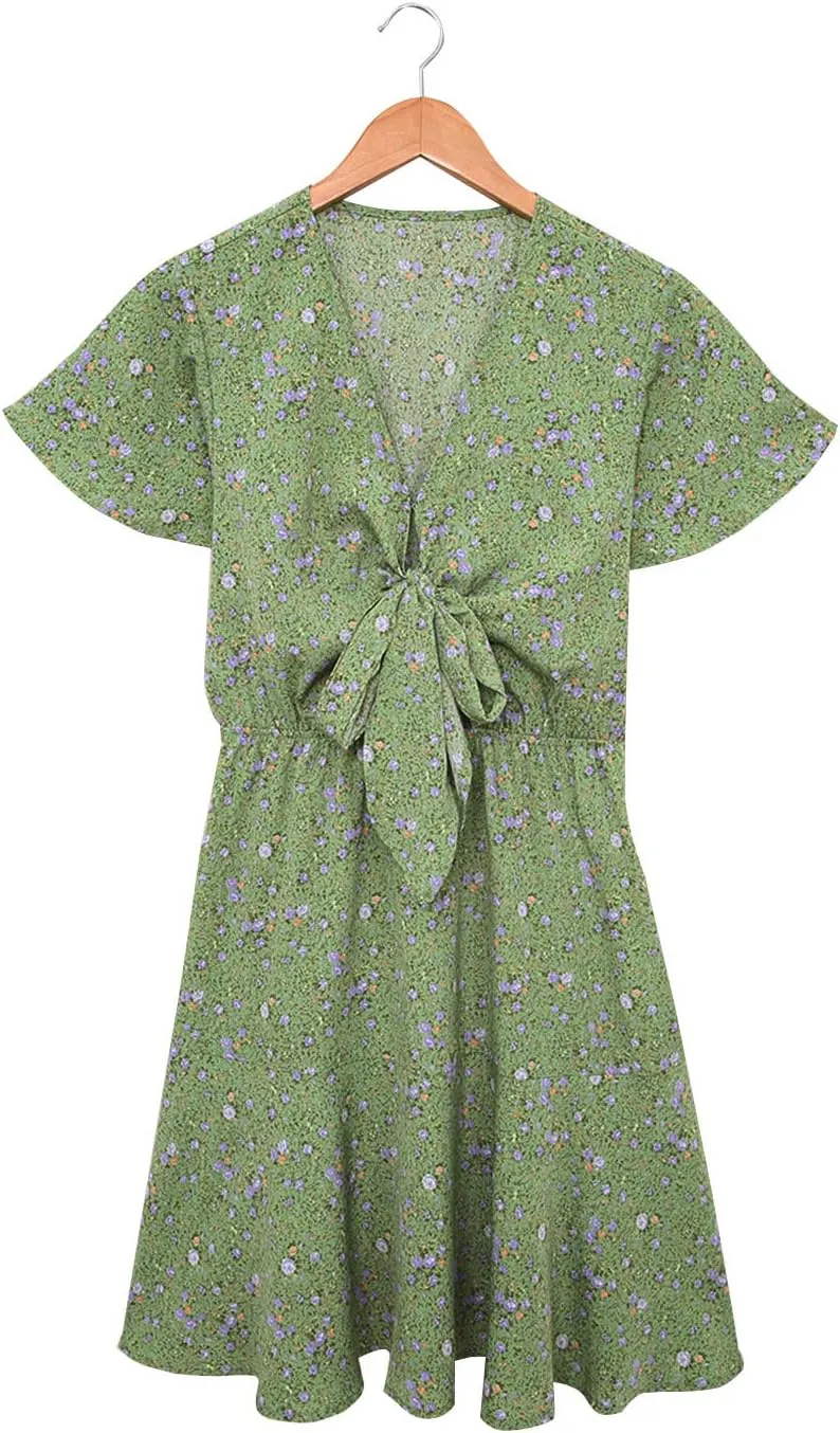 Meufam Women's Summer Wrap V Neck Polka Dot Print Ruffle Short Sleeve Mini Floral Dress with Belt