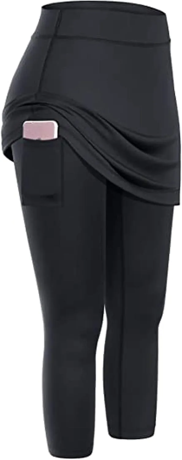 Mmoneyake Skirted Yoga Leggings for Women High Waisted Athletic Tennis Golf Skorts Tummy Control Capris Leggings with Pocket