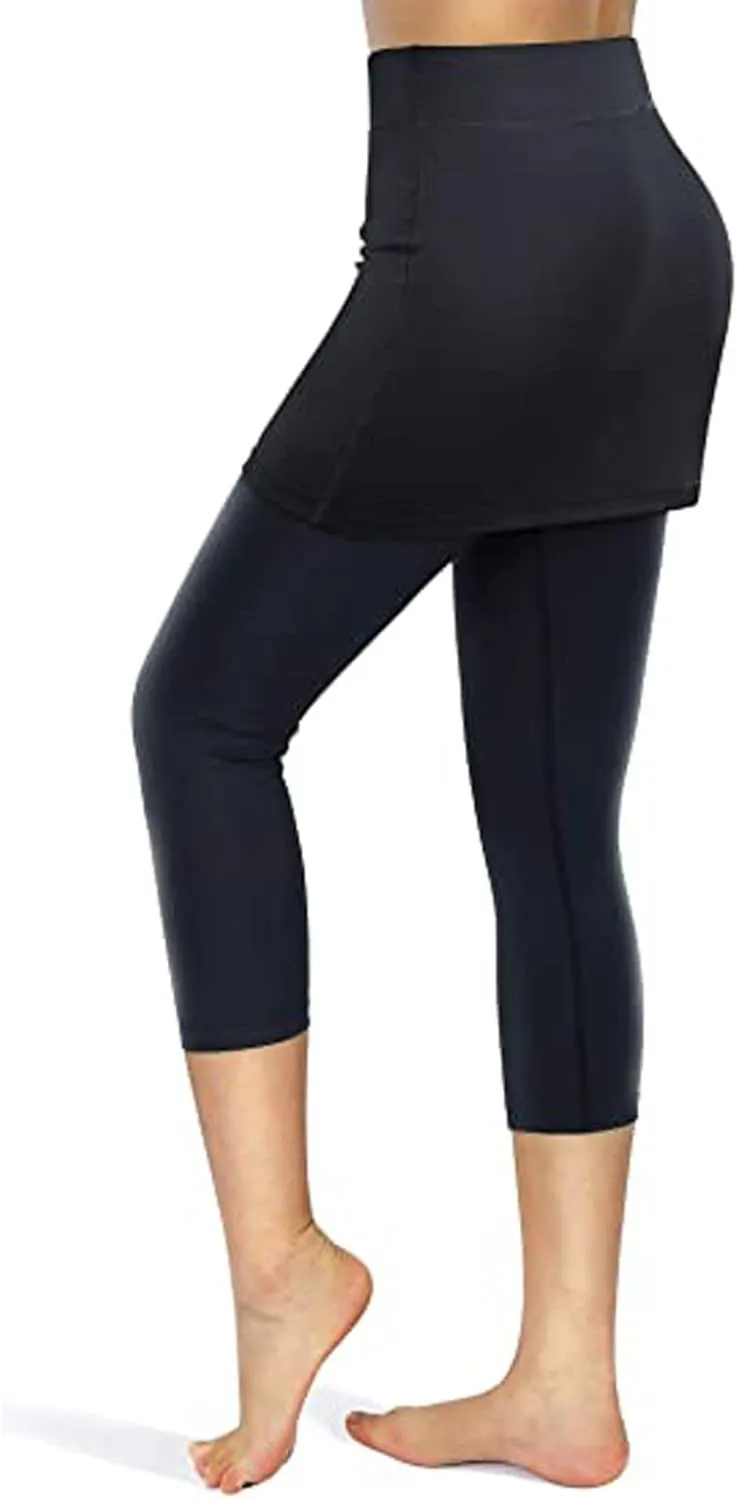 Mmoneyake Skirted Yoga Leggings for Women High Waisted Athletic Tennis Golf Skorts Tummy Control Capris Leggings with Pocket