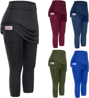 Mmoneyake Skirted Yoga Leggings for Women High Waisted Athletic Tennis Golf Skorts Tummy Control Capris Leggings with Pocket
