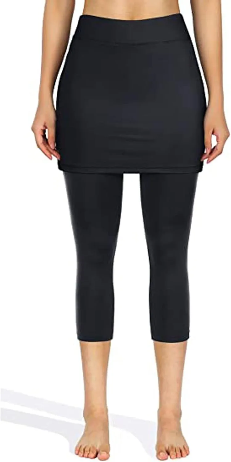 Mmoneyake Skirted Yoga Leggings for Women High Waisted Athletic Tennis Golf Skorts Tummy Control Capris Leggings with Pocket