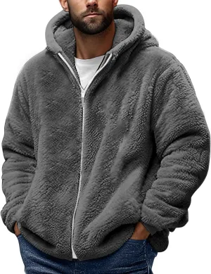 Muscularfit Men's Double Sided Furry Jacket Fall Winter Fashion Hood Coat Warm Down Jacket Full Zip Thicken Padded Outerwear