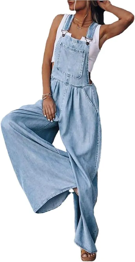 Mywinway Denim Jumpsuits for Women Casual Wide Leg Jean Jumpsuits Summer Beach Overalls Jumpers Rompers