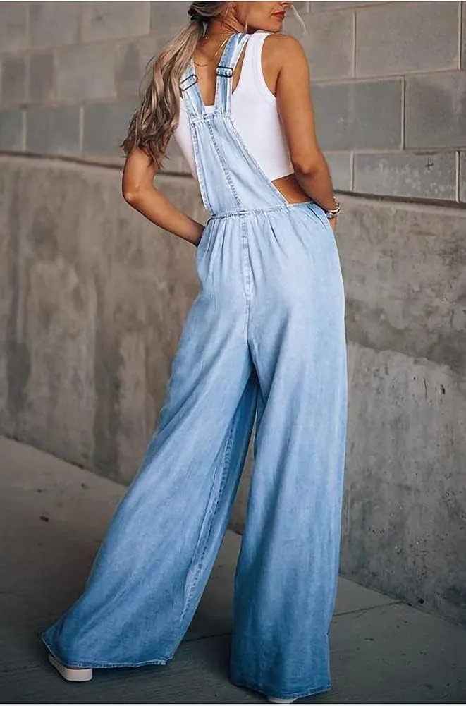 Mywinway Denim Jumpsuits for Women Casual Wide Leg Jean Jumpsuits Summer Beach Overalls Jumpers Rompers