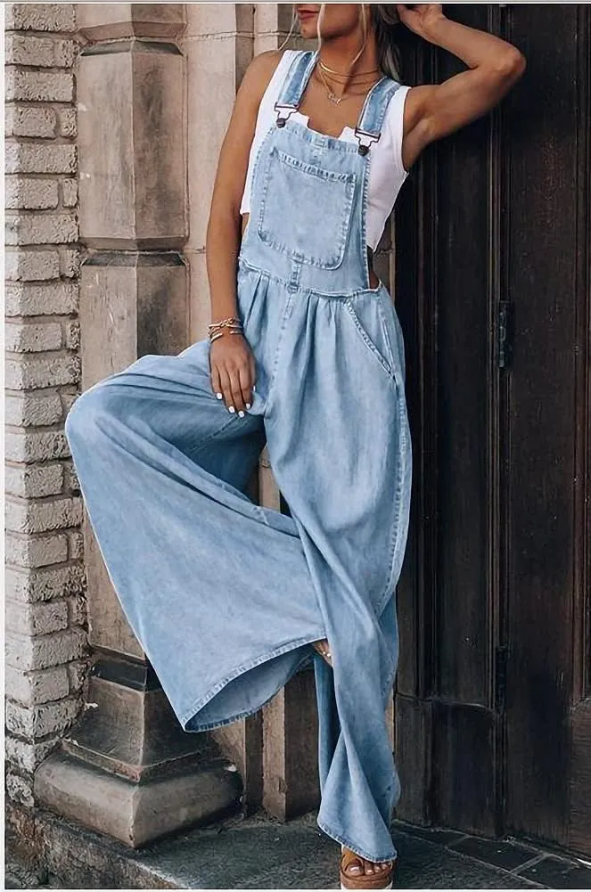 Mywinway Denim Jumpsuits for Women Casual Wide Leg Jean Jumpsuits Summer Beach Overalls Jumpers Rompers
