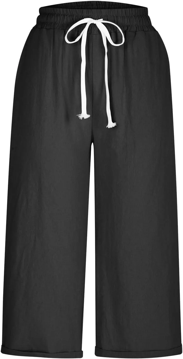 Mzkdieey Cotton Linen Capris Pants for Women Summer Casual Straight Wide Leg Drawstring Elastic Waist Cropped Beach Trousers
