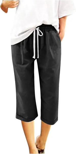 Mzkdieey Cotton Linen Capris Pants for Women Summer Casual Straight Wide Leg Drawstring Elastic Waist Cropped Beach Trousers
