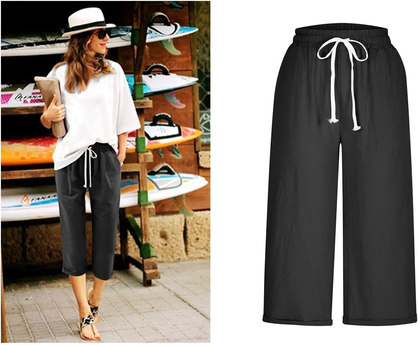Mzkdieey Cotton Linen Capris Pants for Women Summer Casual Straight Wide Leg Drawstring Elastic Waist Cropped Beach Trousers