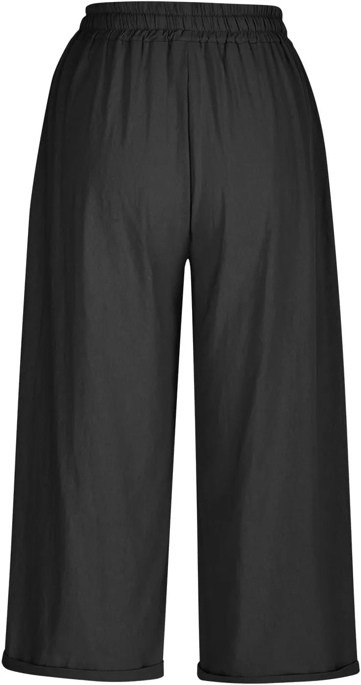 Mzkdieey Cotton Linen Capris Pants for Women Summer Casual Straight Wide Leg Drawstring Elastic Waist Cropped Beach Trousers