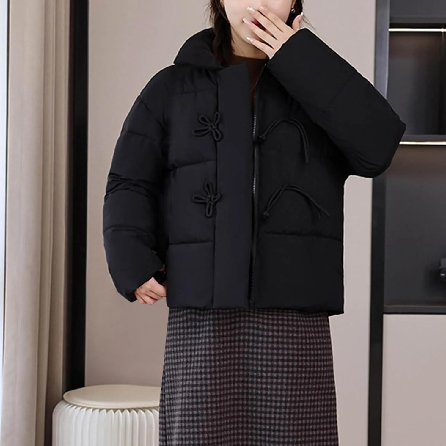 NATHGAM Women Short Puffer Down Jackets Cute Warm Winter Stand Collar Bread Jacket Fashion Casual Loose Cotton Padded Jacket