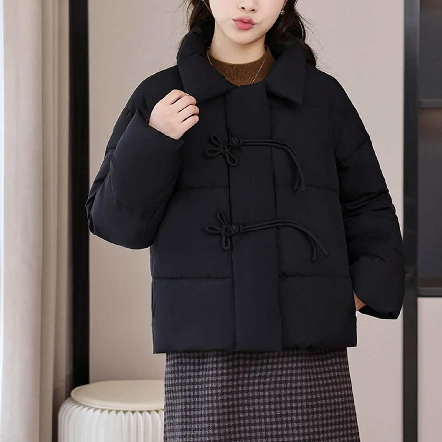 NATHGAM Women Short Puffer Down Jackets Cute Warm Winter Stand Collar Bread Jacket Fashion Casual Loose Cotton Padded Jacket