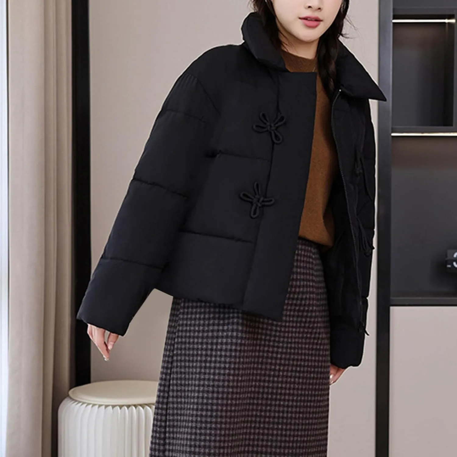 NATHGAM Women Short Puffer Down Jackets Cute Warm Winter Stand Collar Bread Jacket Fashion Casual Loose Cotton Padded Jacket