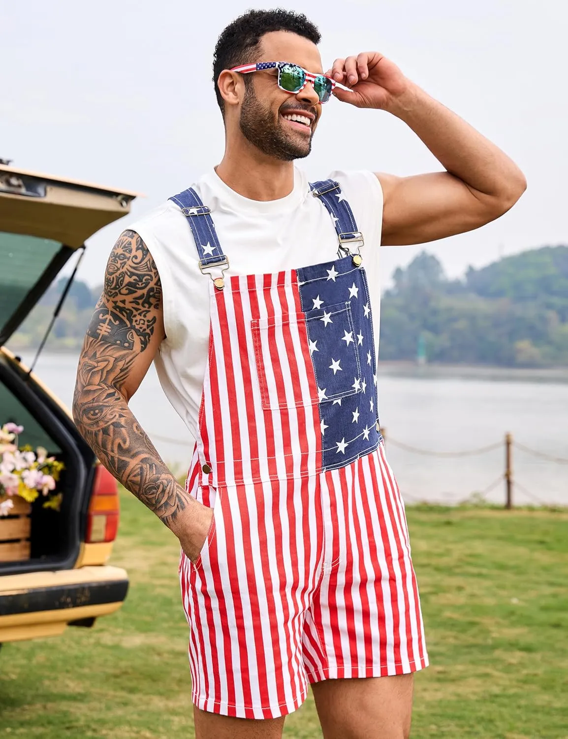 OeyFnbmO Festival Bib Overalls for Men Shorts Jumpsuit Adjustable Straps Coveralls with Zipper