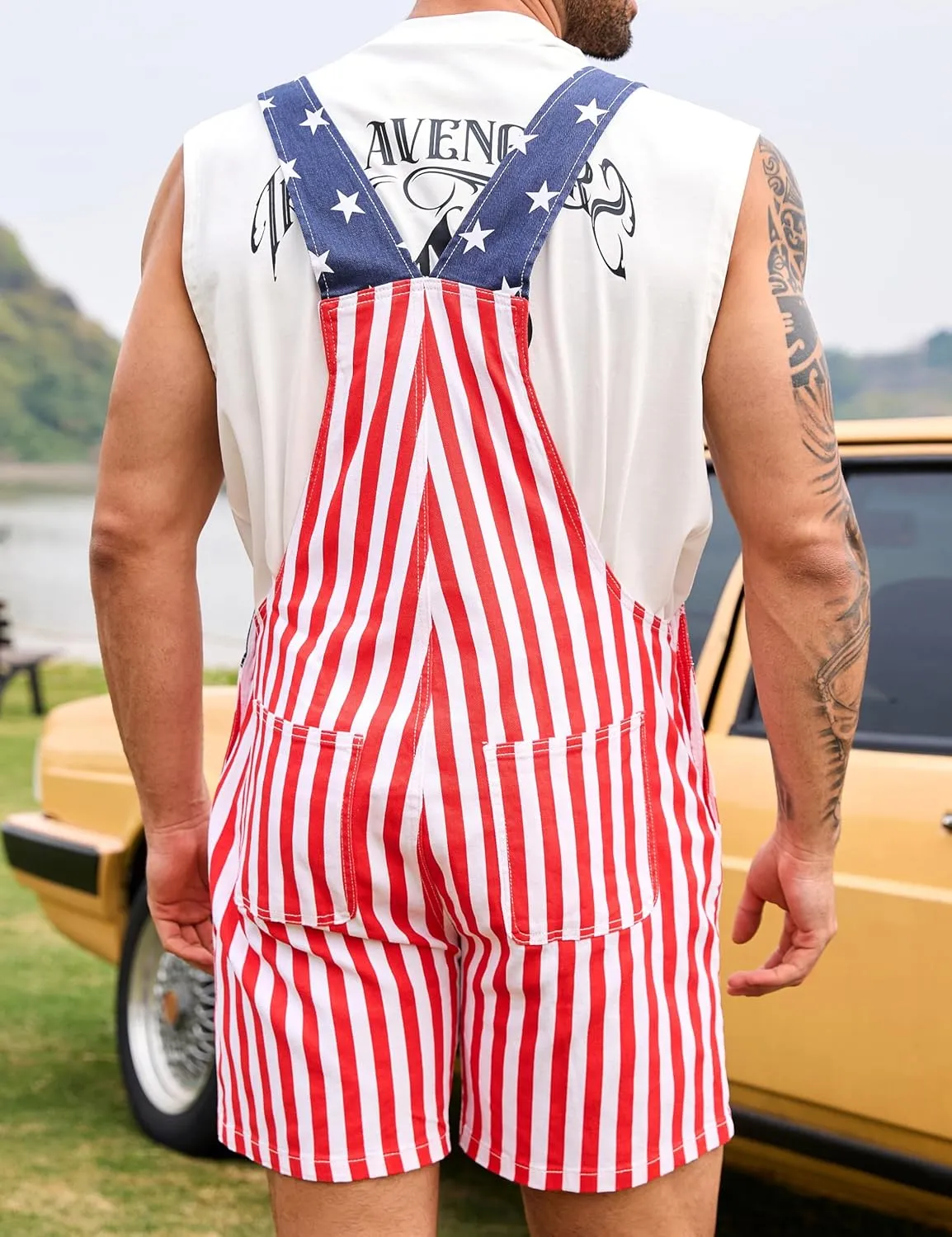 OeyFnbmO Festival Bib Overalls for Men Shorts Jumpsuit Adjustable Straps Coveralls with Zipper