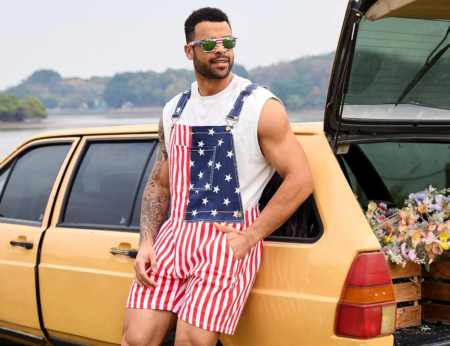 OeyFnbmO Festival Bib Overalls for Men Shorts Jumpsuit Adjustable Straps Coveralls with Zipper