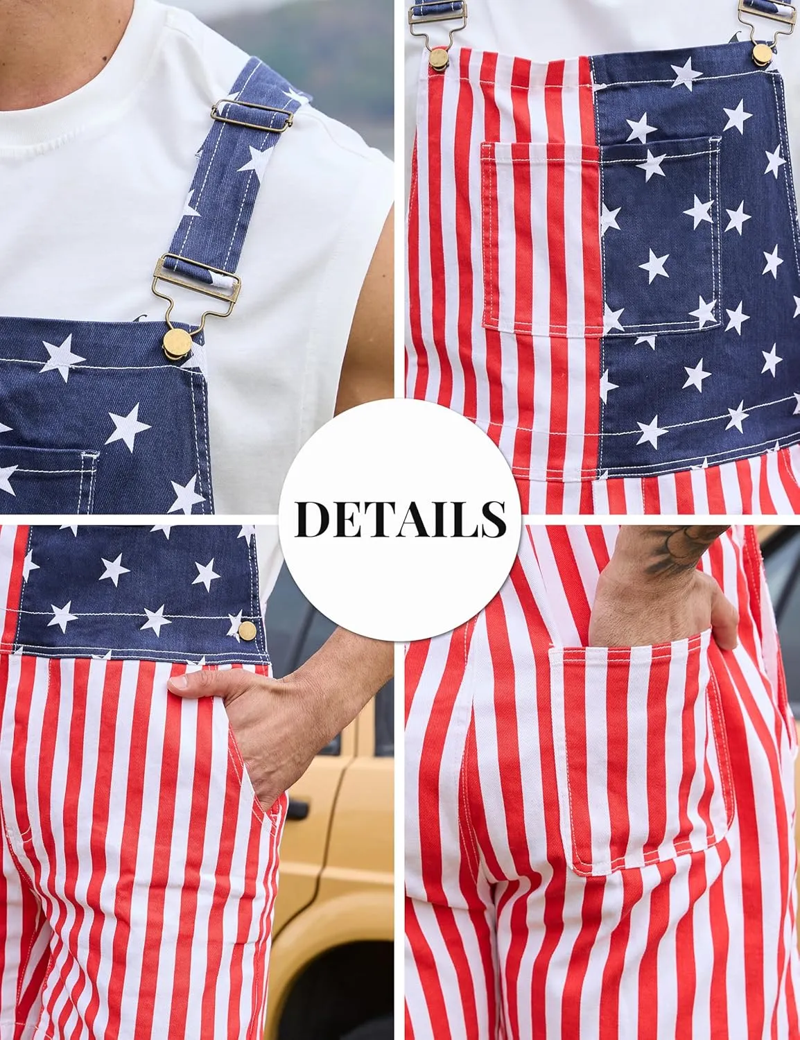 OeyFnbmO Festival Bib Overalls for Men Shorts Jumpsuit Adjustable Straps Coveralls with Zipper