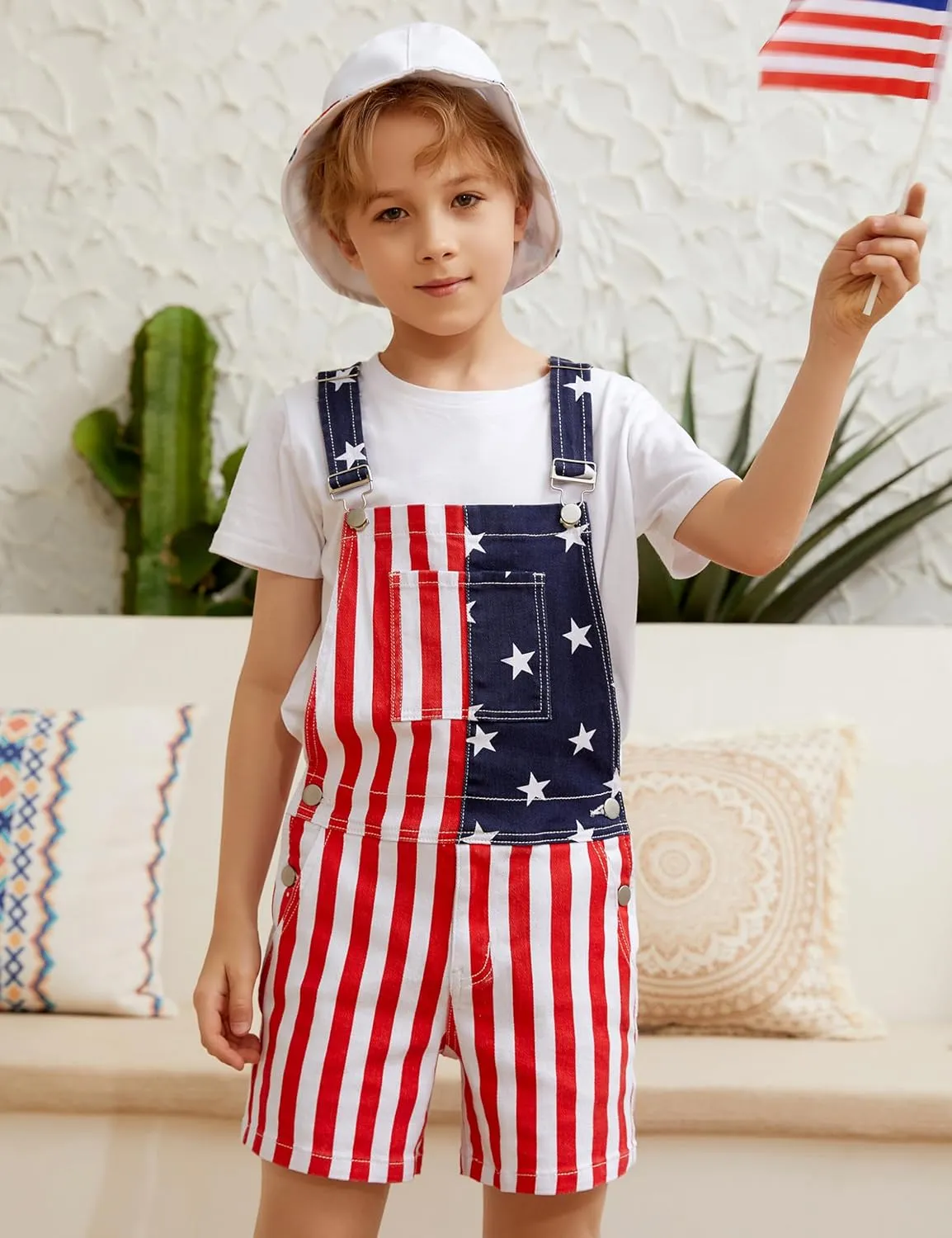 OeyFnbmO Kids 4th of July Outfit Boy American Flag Overall Girl Stretch Denim Jumpsuit USA Shorts with Zipper Fly