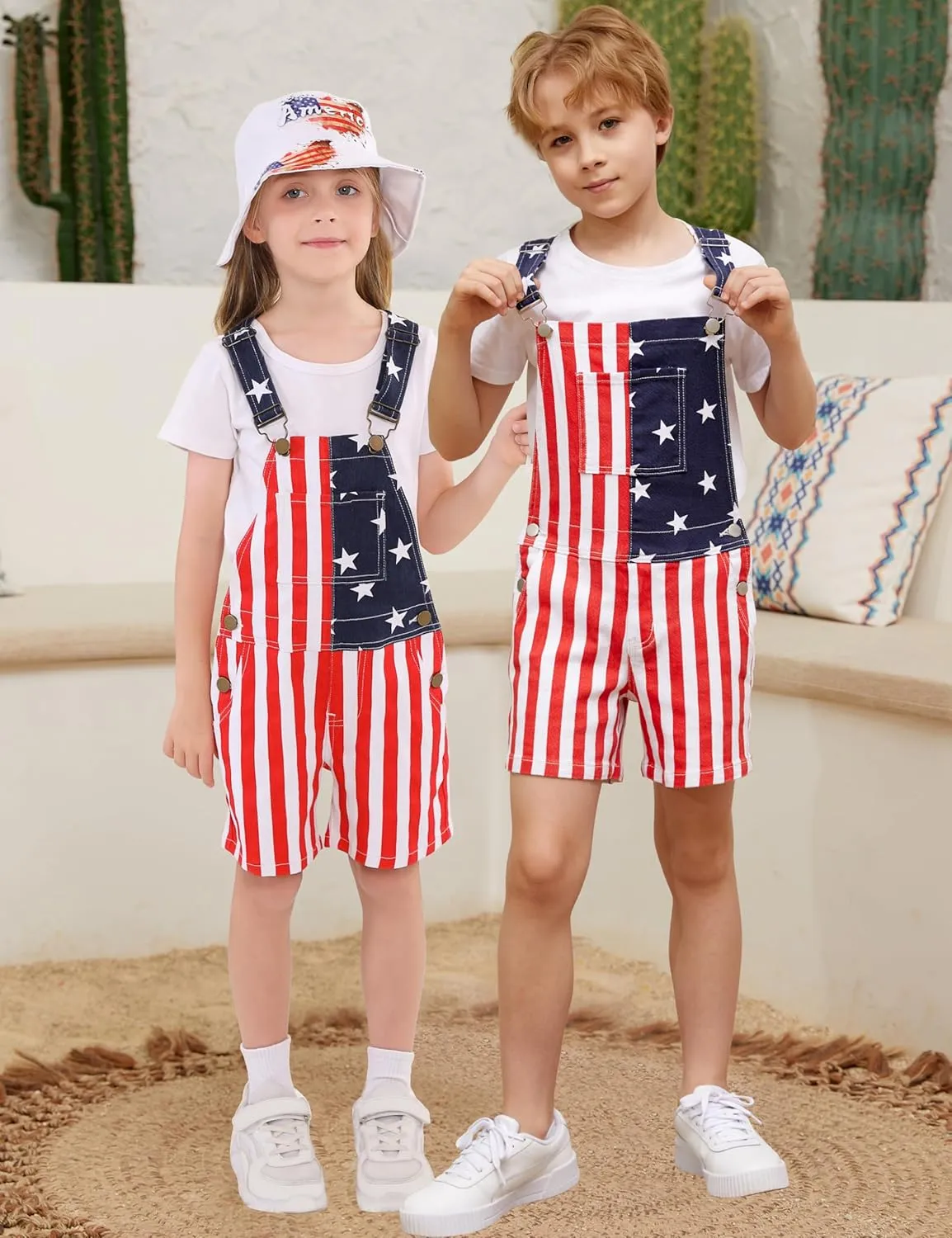 OeyFnbmO Kids 4th of July Outfit Boy American Flag Overall Girl Stretch Denim Jumpsuit USA Shorts with Zipper Fly