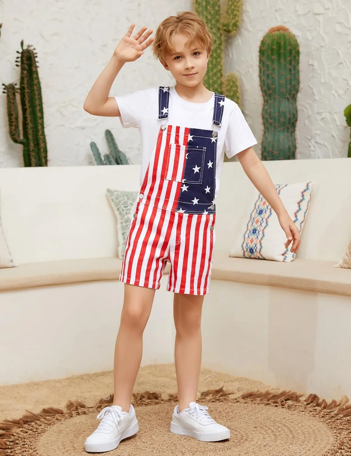 OeyFnbmO Kids 4th of July Outfit Boy American Flag Overall Girl Stretch Denim Jumpsuit USA Shorts with Zipper Fly