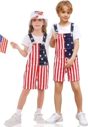 OeyFnbmO Kids 4th of July Outfit Boy American Flag Overall Girl Stretch Denim Jumpsuit USA Shorts with Zipper Fly