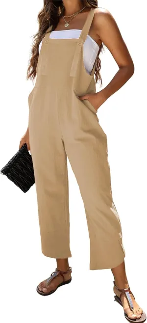 Omoone Women Sleeveless Cotton Straps Baggy Jumpsuit Overalls Casual Summer Bib Rompers Pockets