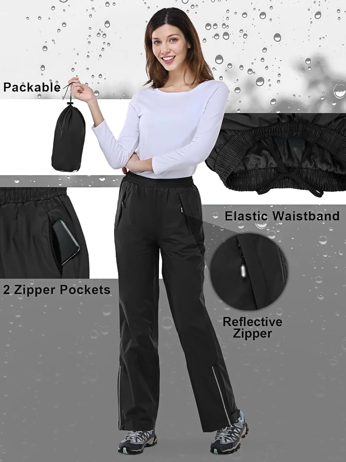 Outdoor Ventures Women's Rain Pants Packable Waterproof Hiking Pants Windproof Breathable Outdoor Rain Over Pants