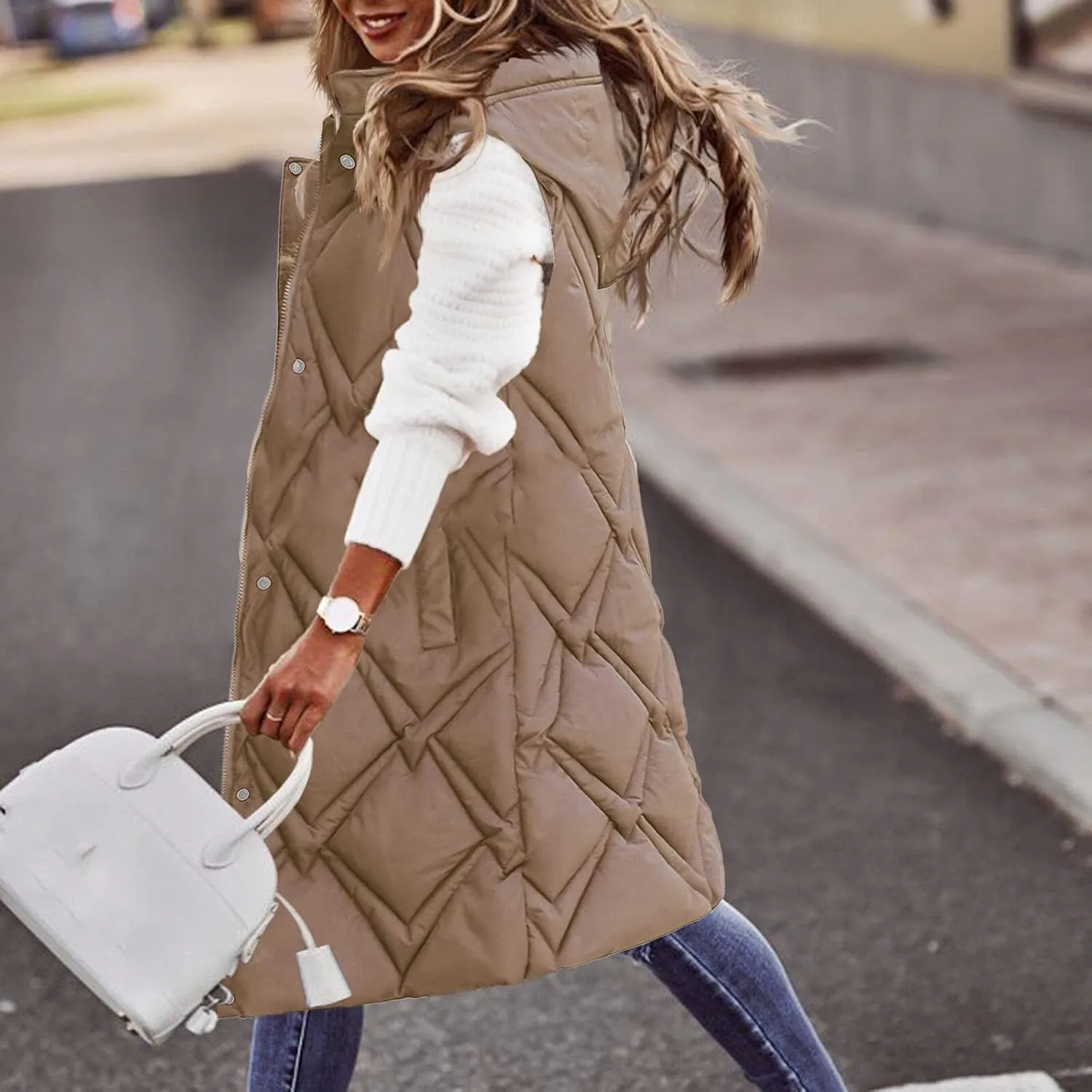 Outdoor With Hood Sleeveless Jacket With Pockets Down Women's Winter Long Warm Popcorn Cardigans for Women