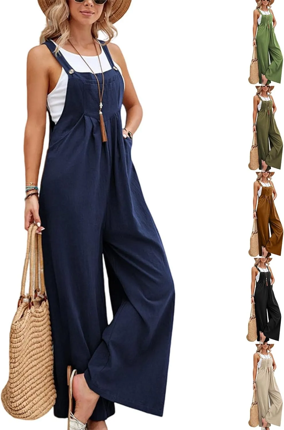 Overalls for Women Linen Casual Sleeveless Jumpsuits Straps Bib Overalls Baggy Pleated Palazzo Pants with Pockets