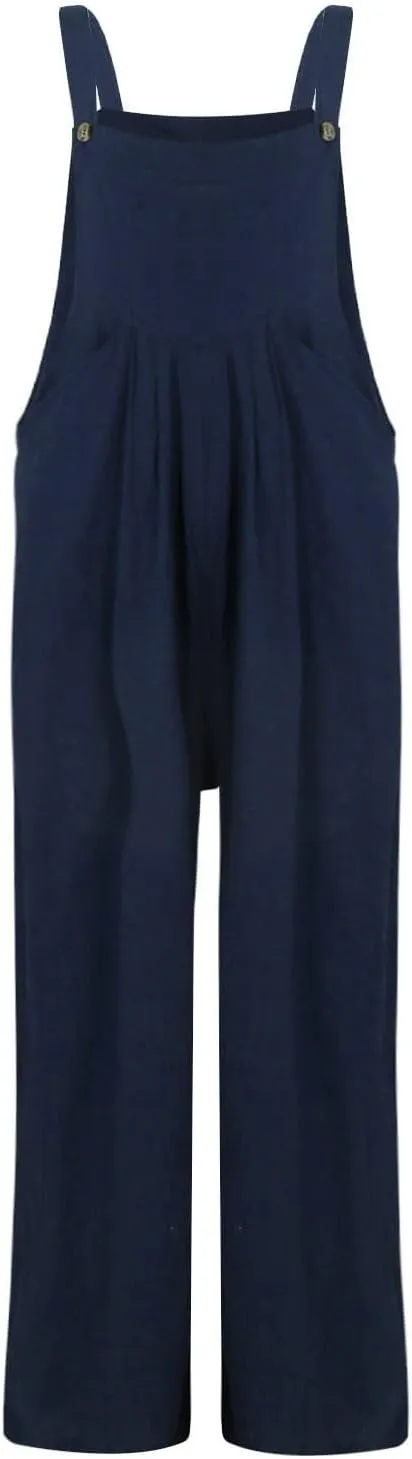 Overalls for Women Linen Casual Sleeveless Jumpsuits Straps Bib Overalls Baggy Pleated Palazzo Pants with Pockets