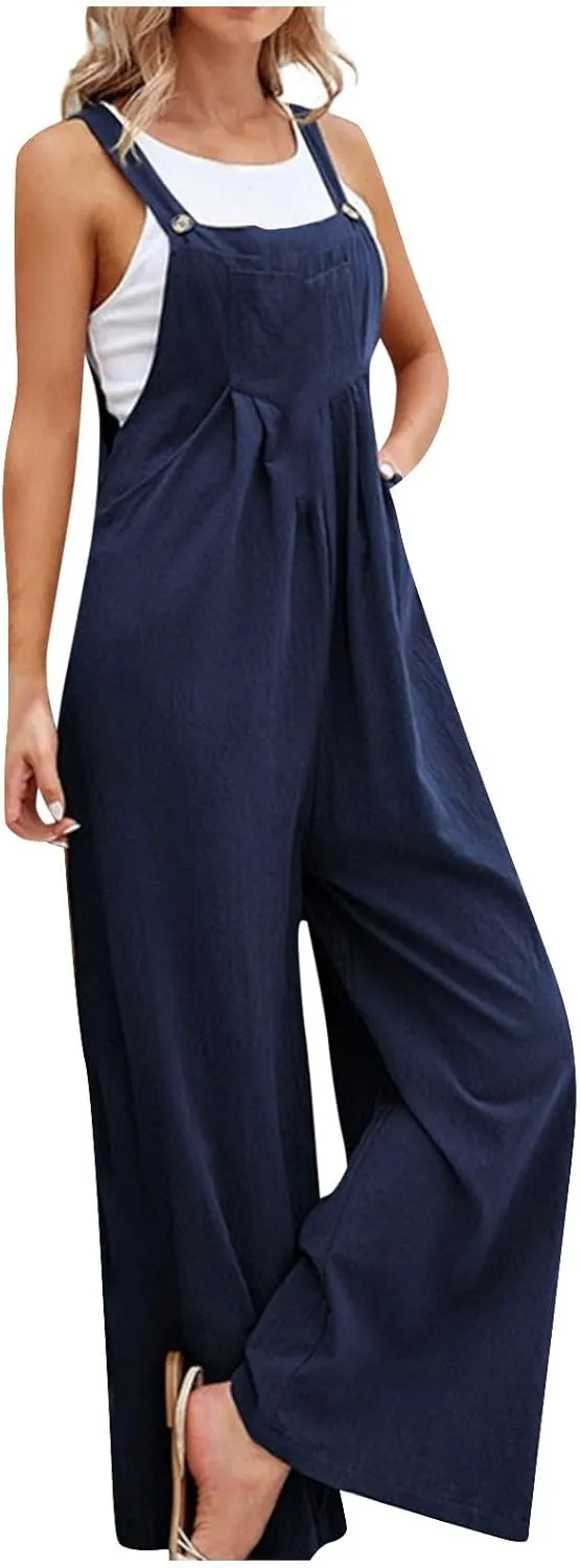 Overalls for Women Linen Casual Sleeveless Jumpsuits Straps Bib Overalls Baggy Pleated Palazzo Pants with Pockets