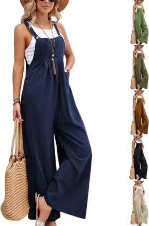 Overalls for Women Linen Casual Sleeveless Jumpsuits Straps Bib Overalls Baggy Pleated Palazzo Pants with Pockets