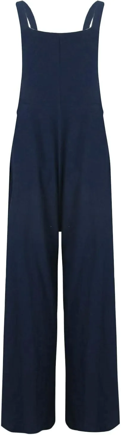 Overalls for Women Linen Casual Sleeveless Jumpsuits Straps Bib Overalls Baggy Pleated Palazzo Pants with Pockets