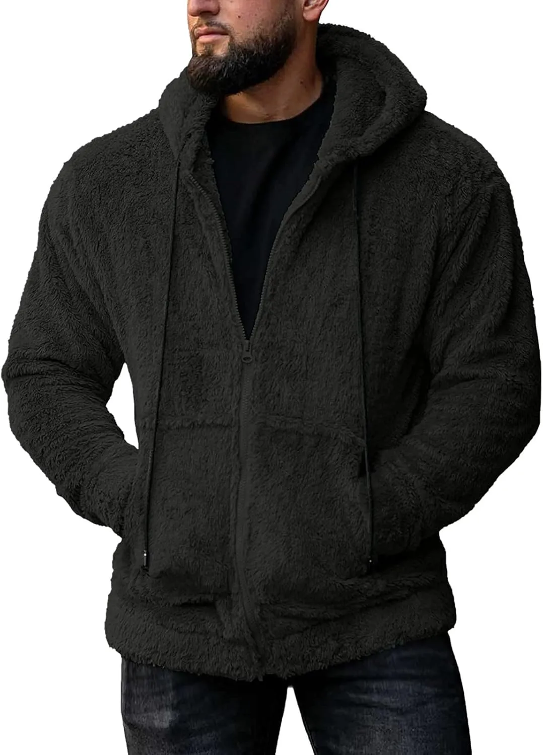 Oversized Fleece Jackets for Men Sherpa Lined Full Zip Loose Hoodies Jacket Long Sleeve Solid Winter Warm Coats with Pockets